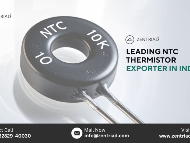 Close-up image of an NTC thermistor with text 'Leading NTC Thermistor Exporter in India' by Zentriad