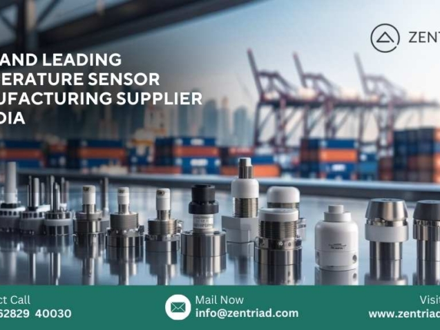 Row of advanced NTC thermistor sensor devices displayed on a table, with shipping containers and cranes at an international port in the background, representing Zentriad’s global import and export business in India.