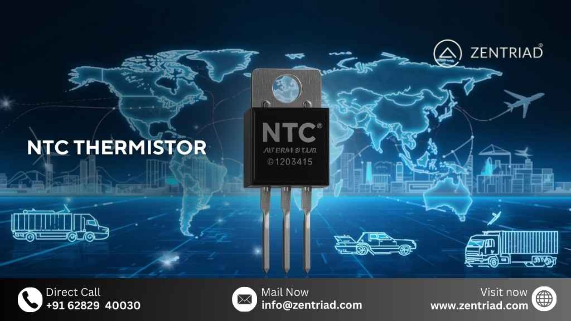 NTC Thermistor component by Zentriad with global import-export logistics background – electronics, sensors, supply chain solutions