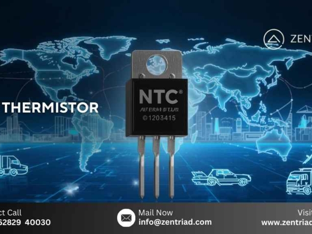 NTC Thermistor component by Zentriad with global import-export logistics background – electronics, sensors, supply chain solutions