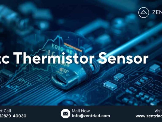 Close-up image of an NTC thermistor sensor on an electronic circuit board, representing ZENTRIAD’s precision temperature sensing technology.