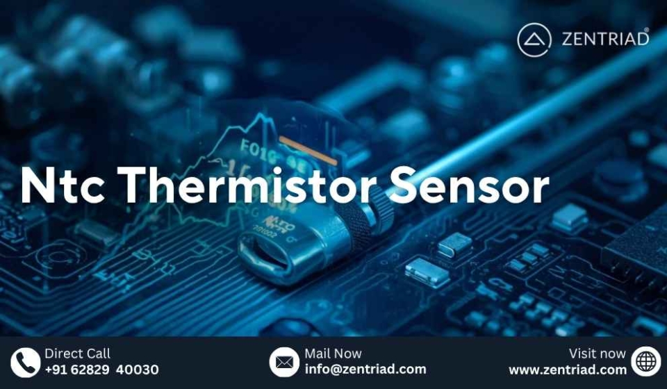 Close-up image of an NTC thermistor sensor on an electronic circuit board, representing ZENTRIAD’s precision temperature sensing technology.