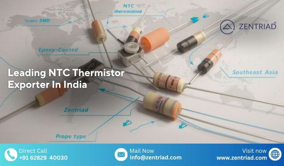 Leading NTC thermistor exporter in India - SMD, epoxy-coated, probe-type thermistors with global export map