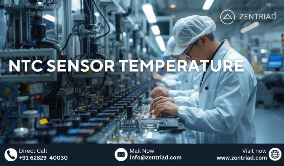 Engineers inspecting thermistors at ZENTRIAD manufacturing facility for precision temperature sensors and industrial components.