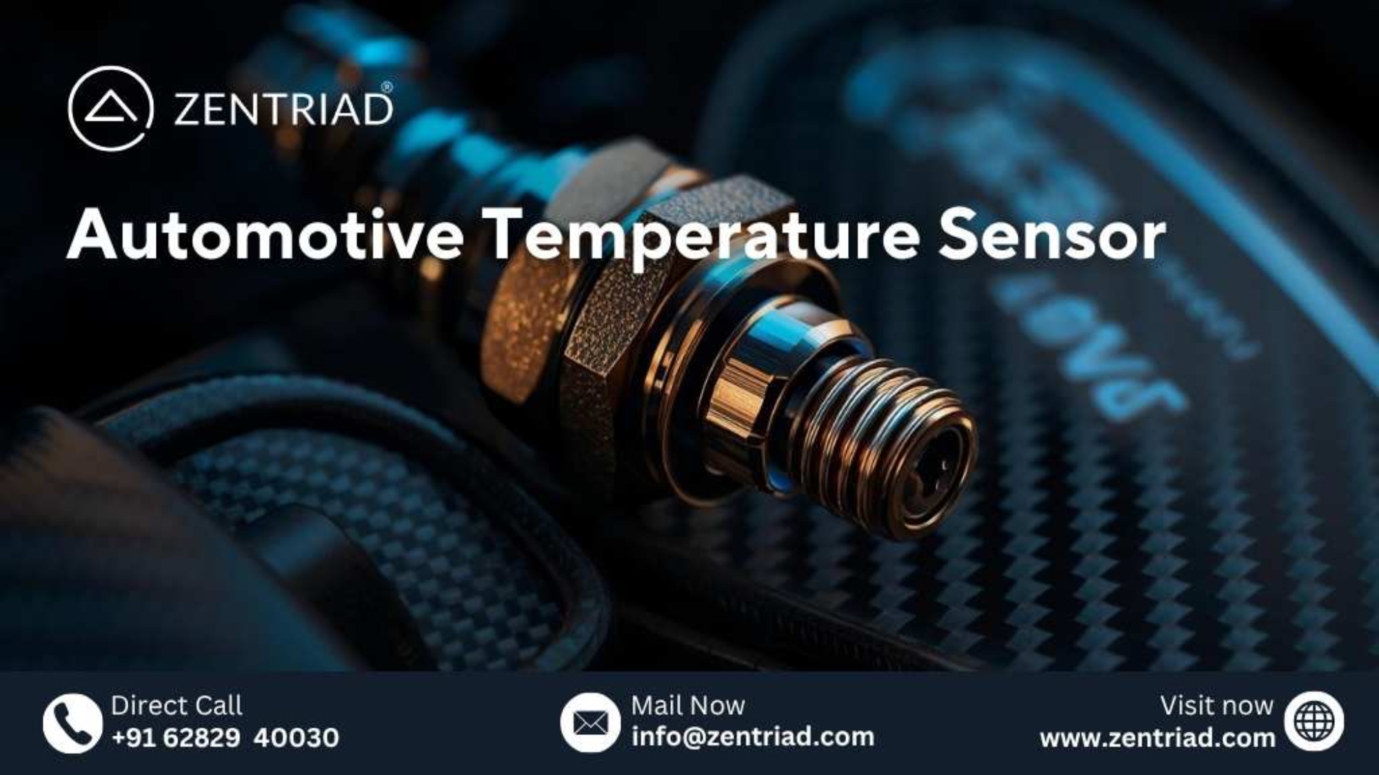 Macro shot of a high-end brass automotive temperature sensor with cinematic lighting reflecting engine textures